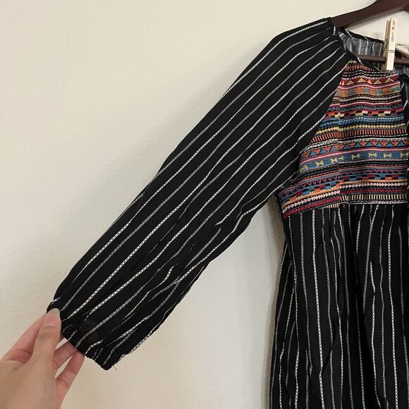 Savanna Jane Embroidered Split Tie V Neck 3/4 Sleeve Striped Boho Peasant SZ L - Picture 3 of 9